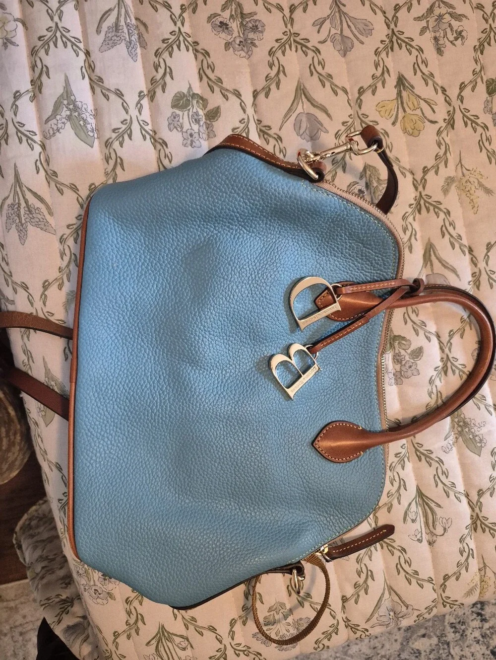 Dooney & Bourke Sky Blue Pebbled Leather Satchel with Brown Trim